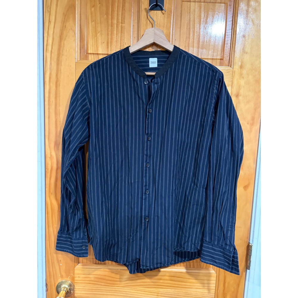 Takeo Kikuchi Mens Navy Pinstripe Collarless Button Shirt Japan Size 3